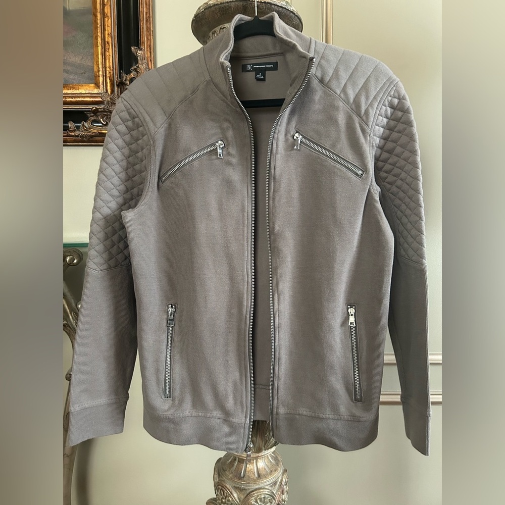 INC Taupe Moto Zip Track Jacket Quilted Sleeve Minimalist Streetwear Men’s Small - Picture 3 of 7